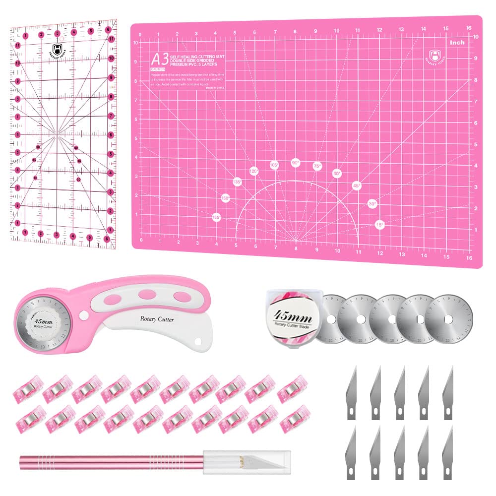 Rotary Cutter Set Green - Quilting Kit incl. 45mm Fabric Cutter, 5 Replacement Blades, A2 Cutting Mat, Acrylic Quilting Ruler, Sewing Clips, Craft Knife Set, Ideal for Crafting, Sewing, Patchworking