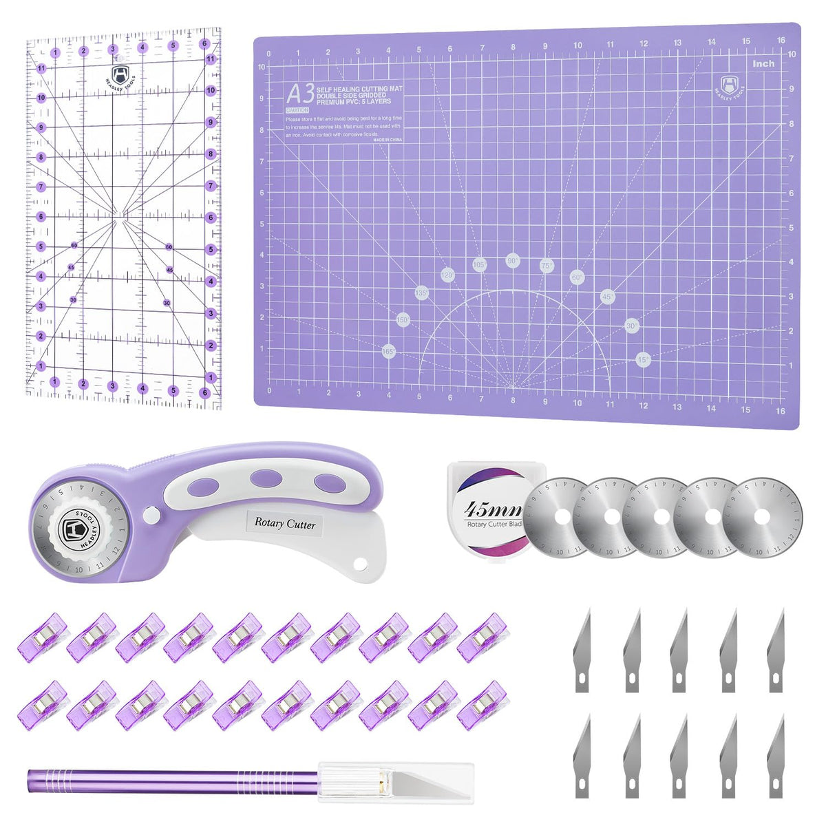 Rotary Cutter Set Green - Quilting Kit incl. 45mm Fabric Cutter, 5 Replacement Blades, A2 Cutting Mat, Acrylic Quilting Ruler, Sewing Clips, Craft Knife Set, Ideal for Crafting, Sewing, Patchworking