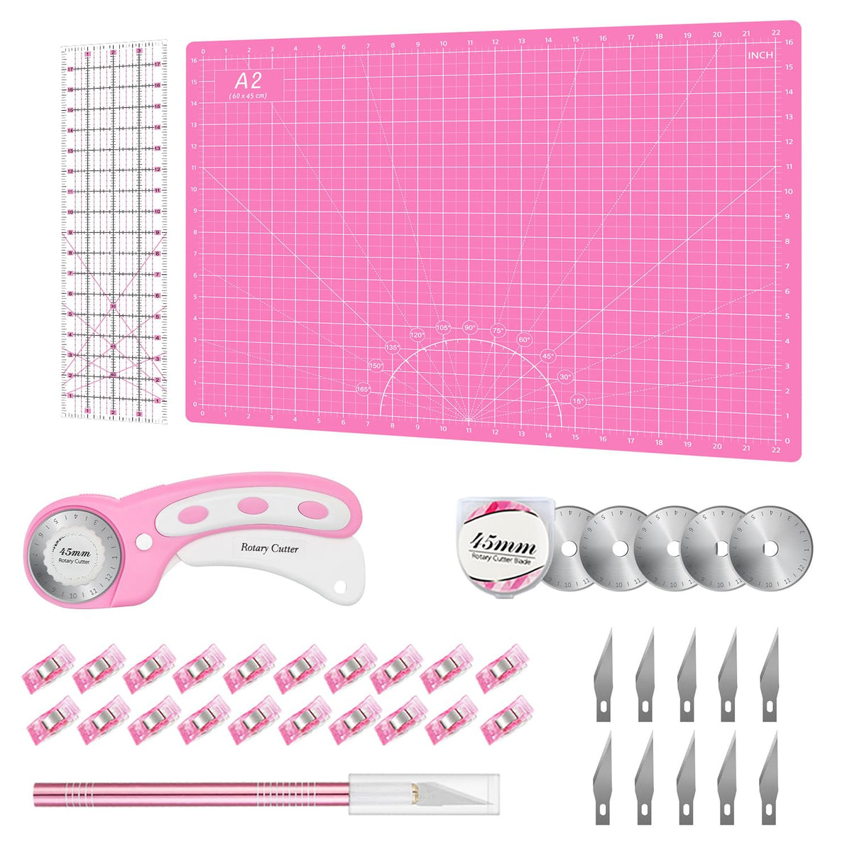Rotary Cutter Set Green - Quilting Kit incl. 45mm Fabric Cutter, 5 Replacement Blades, A2 Cutting Mat, Acrylic Quilting Ruler, Sewing Clips, Craft Knife Set, Ideal for Crafting, Sewing, Patchworking