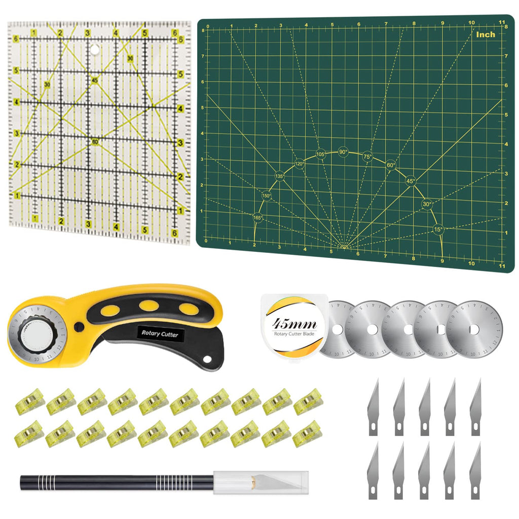 Rotary Cutter Set Green - Quilting Kit incl. 45mm Fabric Cutter, 5 Replacement Blades, A2 Cutting Mat, Acrylic Quilting Ruler, Sewing Clips, Craft Knife Set, Ideal for Crafting, Sewing, Patchworking