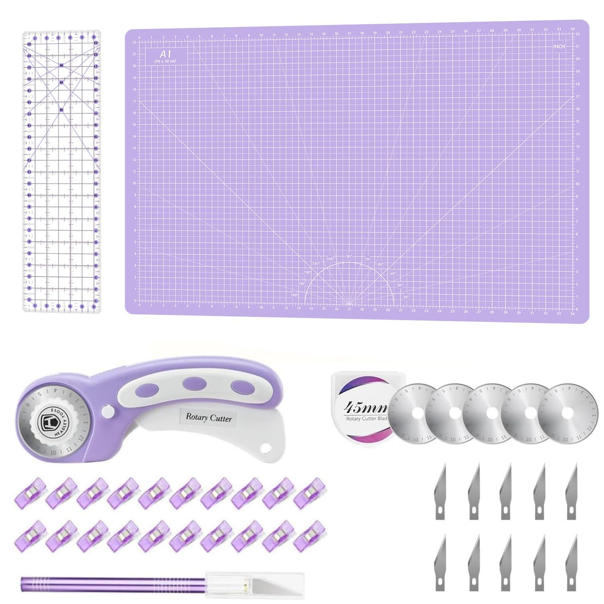 Rotary Cutter Set Green - Quilting Kit incl. 45mm Fabric Cutter, 5 Replacement Blades, A2 Cutting Mat, Acrylic Quilting Ruler, Sewing Clips, Craft Knife Set, Ideal for Crafting, Sewing, Patchworking