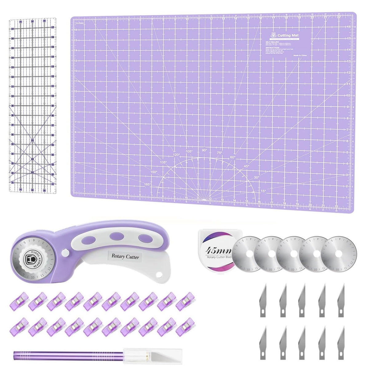 Rotary Cutter Set Green - Quilting Kit incl. 45mm Fabric Cutter, 5 Replacement Blades, A2 Cutting Mat, Acrylic Quilting Ruler, Sewing Clips, Craft Knife Set, Ideal for Crafting, Sewing, Patchworking