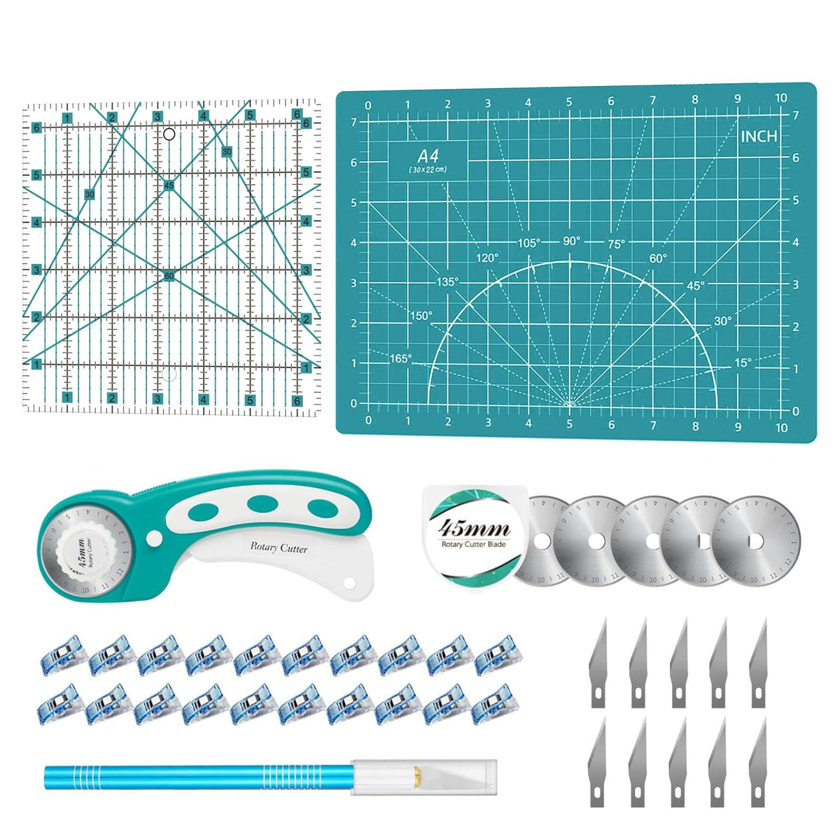 Rotary Cutter Set Green - Quilting Kit incl. 45mm Fabric Cutter, 5 Replacement Blades, A2 Cutting Mat, Acrylic Quilting Ruler, Sewing Clips, Craft Knife Set, Ideal for Crafting, Sewing, Patchworking