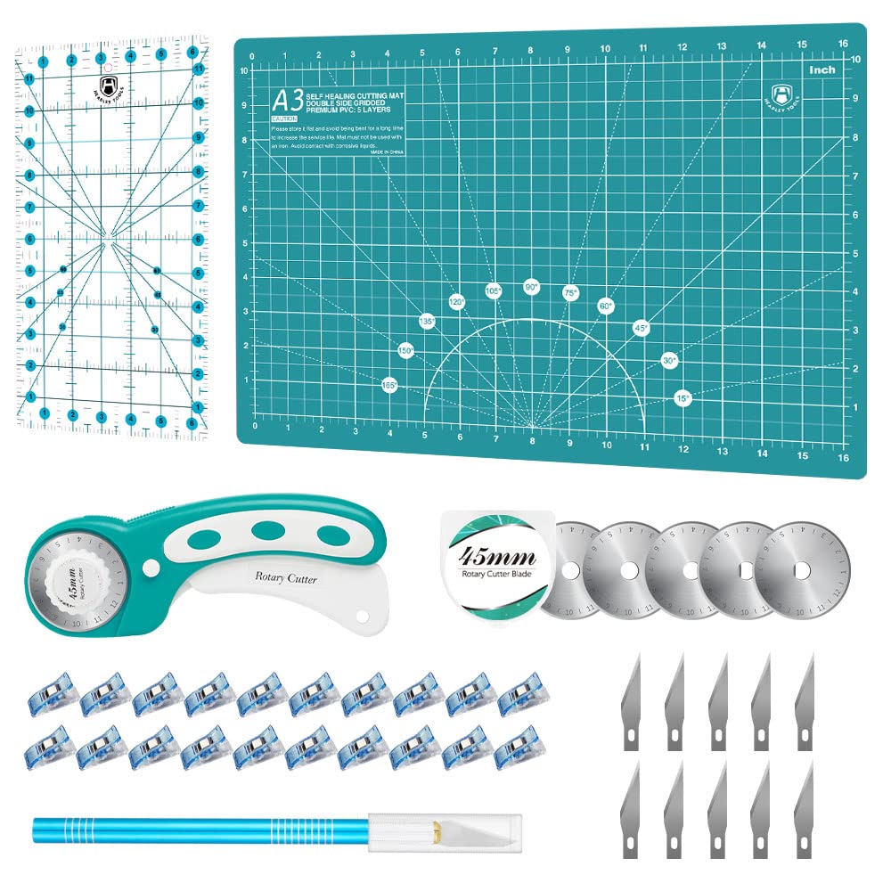 Rotary Cutter Set Green - Quilting Kit incl. 45mm Fabric Cutter, 5 Replacement Blades, A2 Cutting Mat, Acrylic Quilting Ruler, Sewing Clips, Craft Knife Set, Ideal for Crafting, Sewing, Patchworking