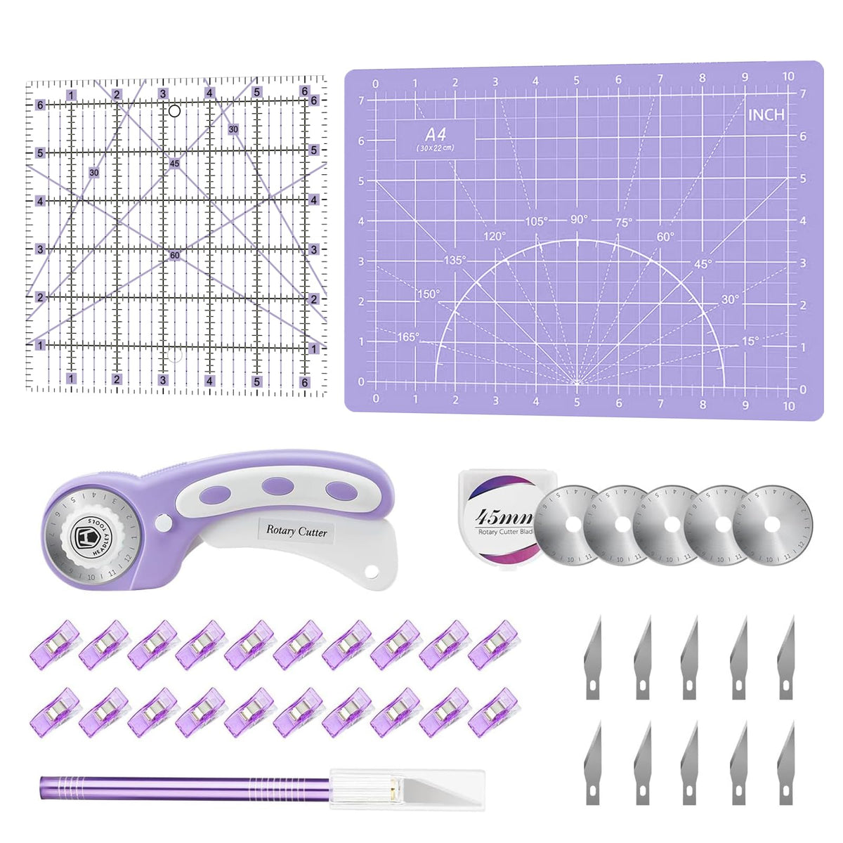 Rotary Cutter Set Green - Quilting Kit incl. 45mm Fabric Cutter, 5 Replacement Blades, A2 Cutting Mat, Acrylic Quilting Ruler, Sewing Clips, Craft Knife Set, Ideal for Crafting, Sewing, Patchworking