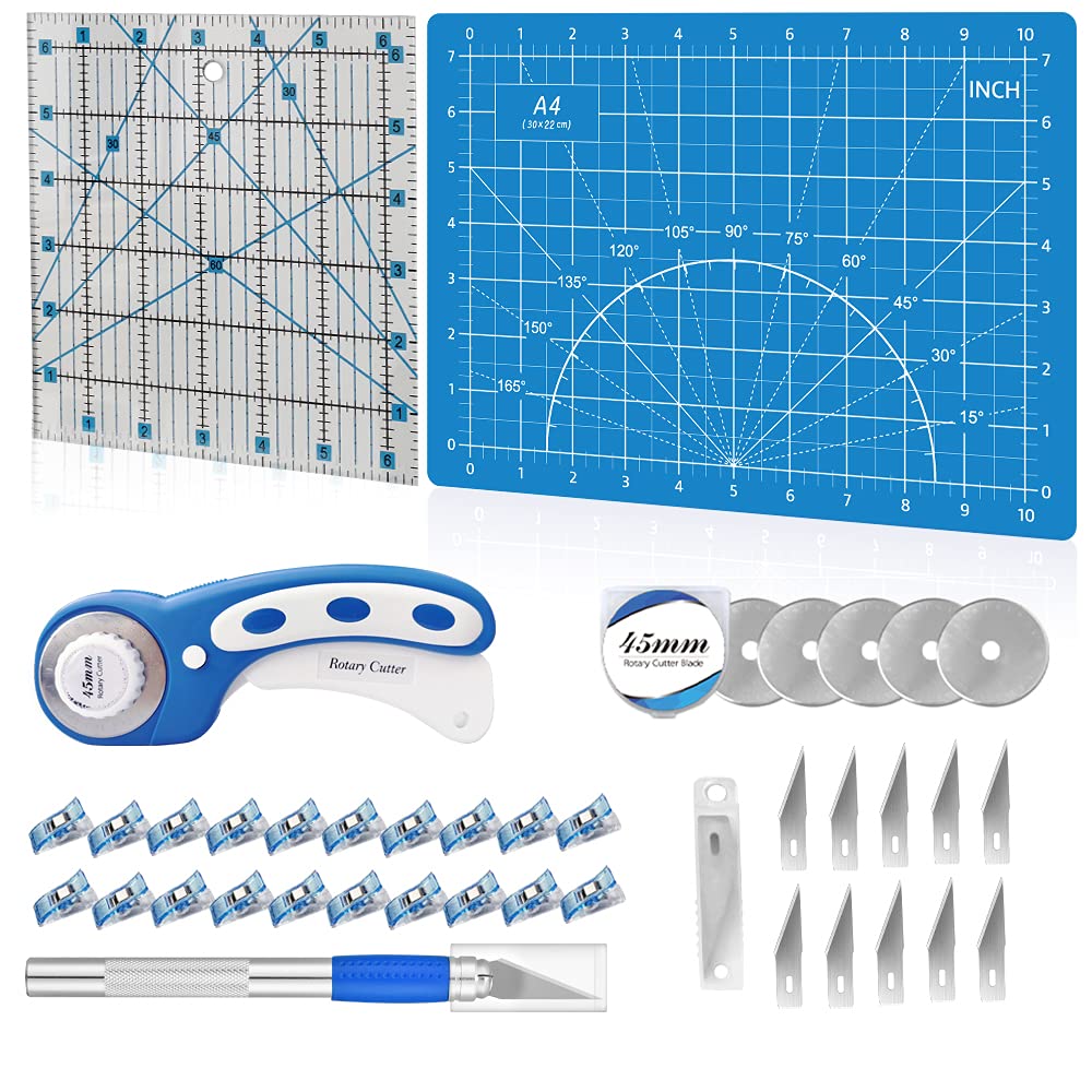 Rotary Cutter Set Green - Quilting Kit incl. 45mm Fabric Cutter, 5 Replacement Blades, A2 Cutting Mat, Acrylic Quilting Ruler, Sewing Clips, Craft Knife Set, Ideal for Crafting, Sewing, Patchworking