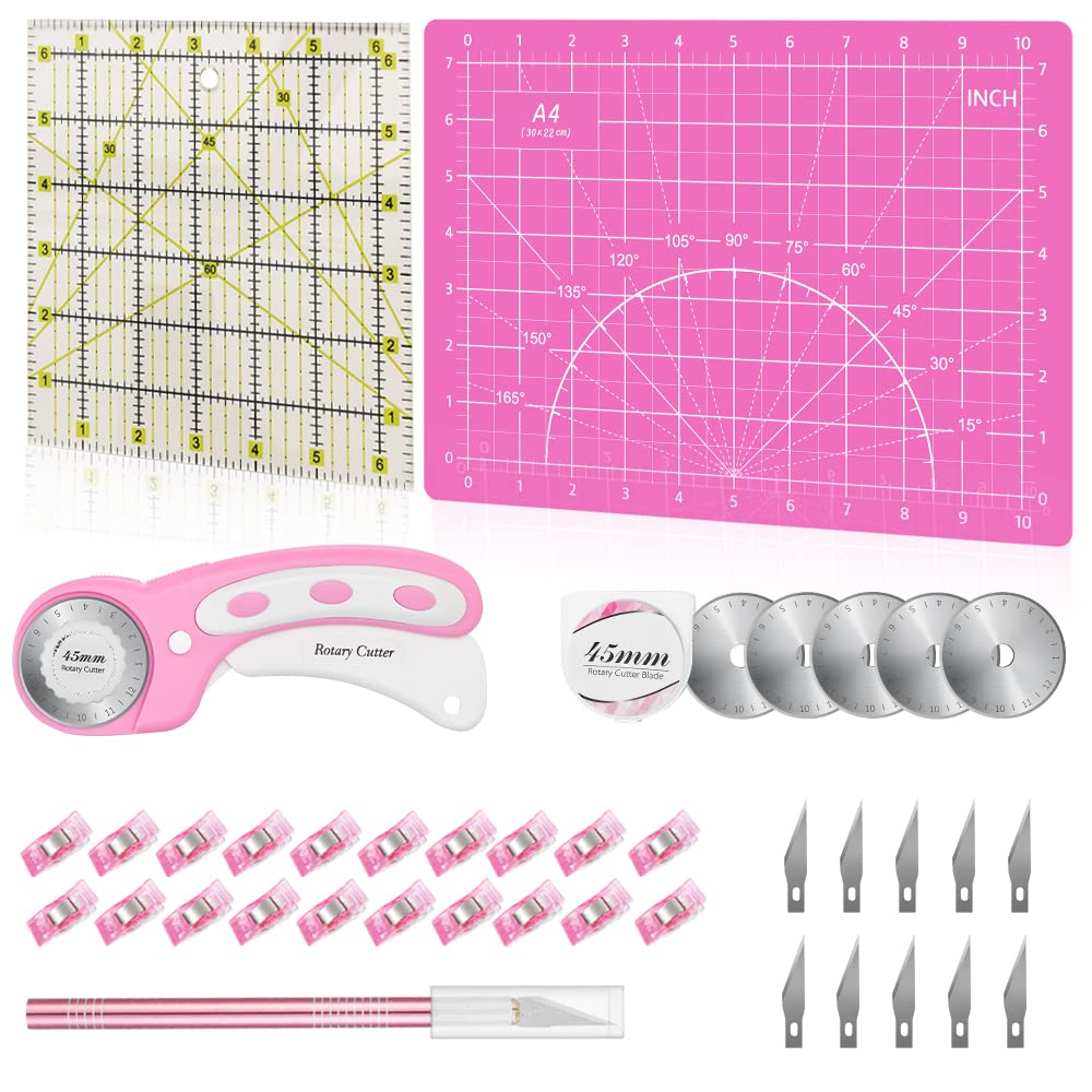 Rotary Cutter Set Green - Quilting Kit incl. 45mm Fabric Cutter, 5 Replacement Blades, A2 Cutting Mat, Acrylic Quilting Ruler, Sewing Clips, Craft Knife Set, Ideal for Crafting, Sewing, Patchworking