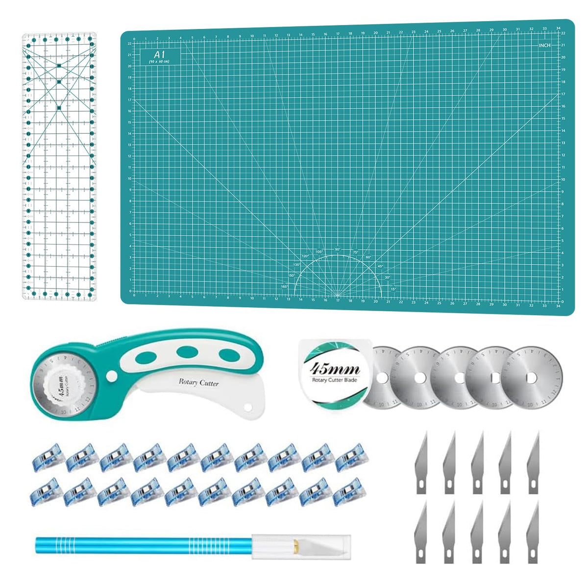 Rotary Cutter Set Green - Quilting Kit incl. 45mm Fabric Cutter, 5 Replacement Blades, A2 Cutting Mat, Acrylic Quilting Ruler, Sewing Clips, Craft Knife Set, Ideal for Crafting, Sewing, Patchworking