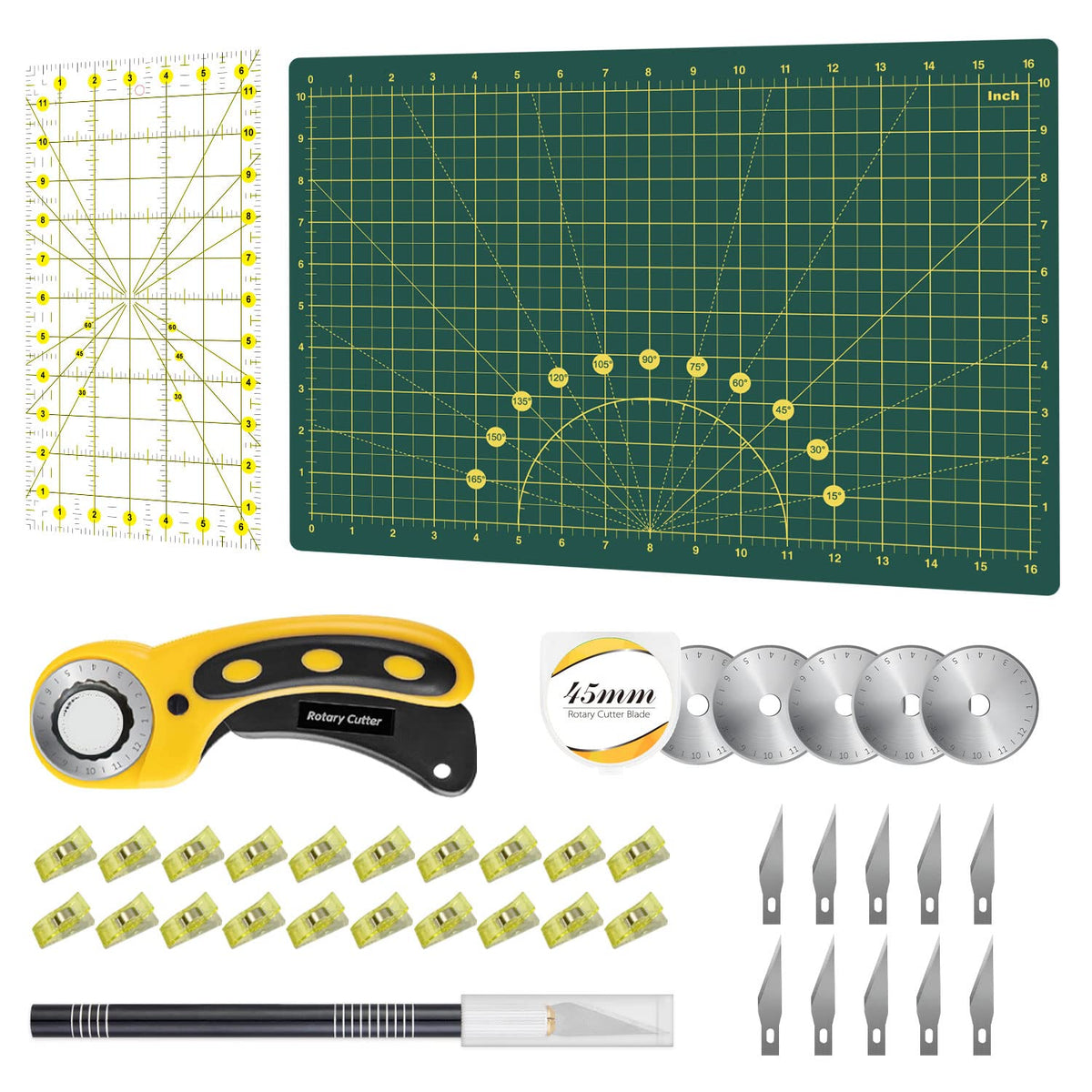 Rotary Cutter Set Green - Quilting Kit incl. 45mm Fabric Cutter, 5 Replacement Blades, A2 Cutting Mat, Acrylic Quilting Ruler, Sewing Clips, Craft Knife Set, Ideal for Crafting, Sewing, Patchworking