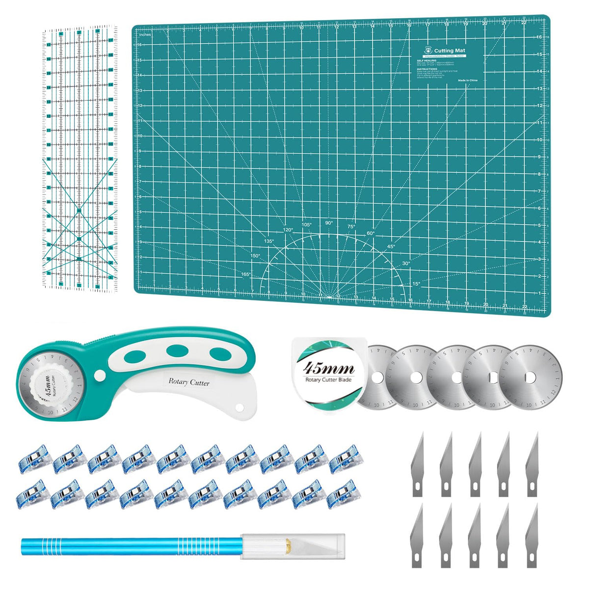 Rotary Cutter Set Green - Quilting Kit incl. 45mm Fabric Cutter, 5 Replacement Blades, A2 Cutting Mat, Acrylic Quilting Ruler, Sewing Clips, Craft Knife Set, Ideal for Crafting, Sewing, Patchworking