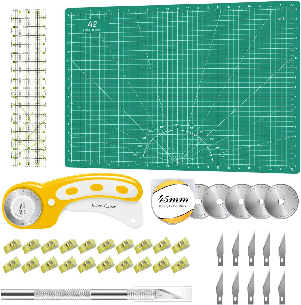 Rotary Cutter Set Green - Quilting Kit incl. 45mm Fabric Cutter, 5 Replacement Blades, A2 Cutting Mat, Acrylic Quilting Ruler, Sewing Clips, Craft Knife Set, Ideal for Crafting, Sewing, Patchworking
