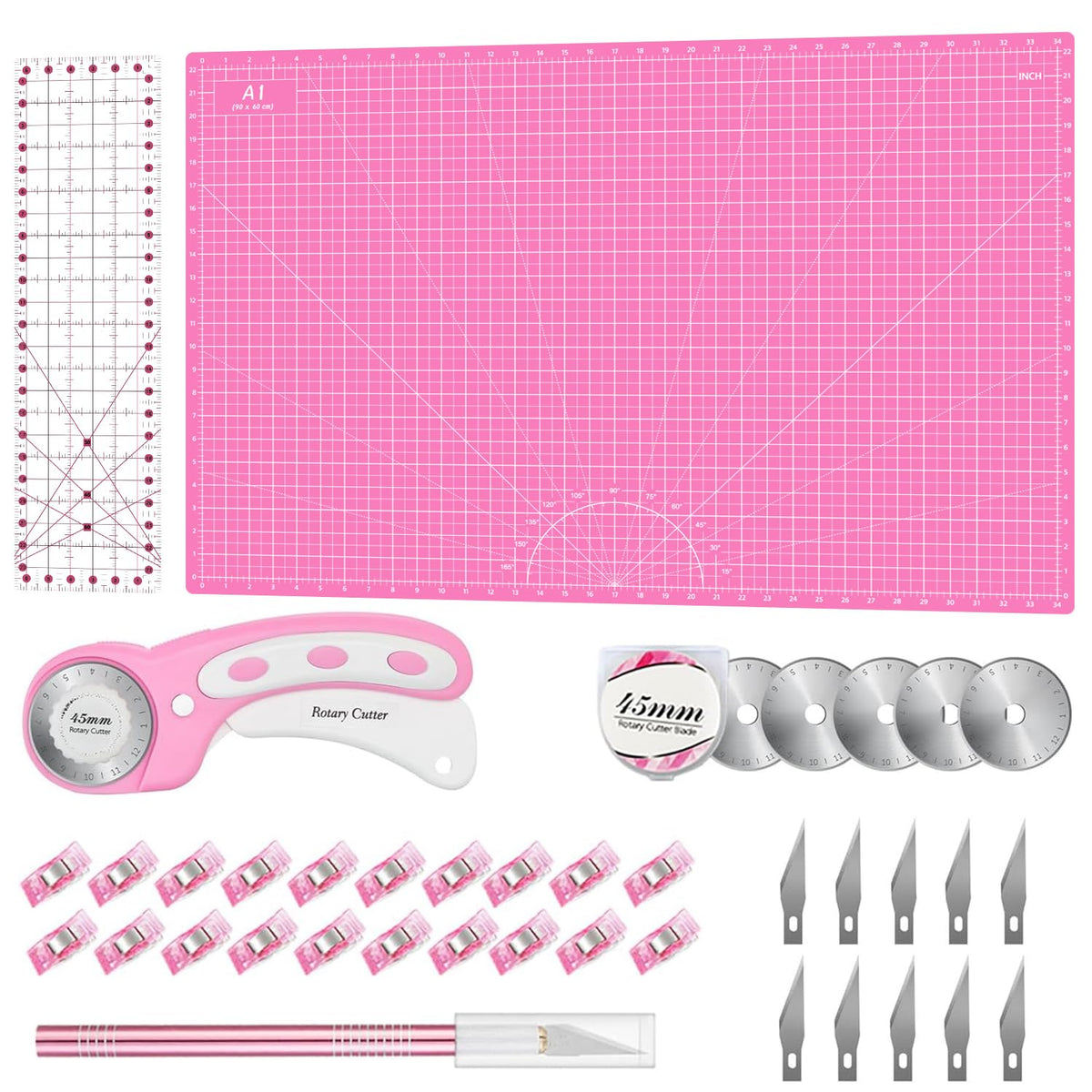 Rotary Cutter Set Green - Quilting Kit incl. 45mm Fabric Cutter, 5 Replacement Blades, A2 Cutting Mat, Acrylic Quilting Ruler, Sewing Clips, Craft Knife Set, Ideal for Crafting, Sewing, Patchworking