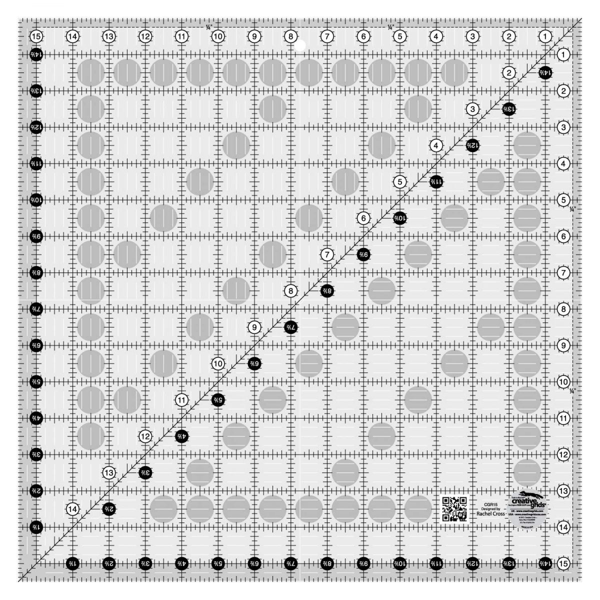 Creative Grids Quilt Ruler 15-1/2in x 15-1/2in Square – CGR15 – Made in USA, Non-Slip Grip Acrylic Quilting, Sewing, Crafting, Patchwork Ruler for Measuring & Cutting Fabric